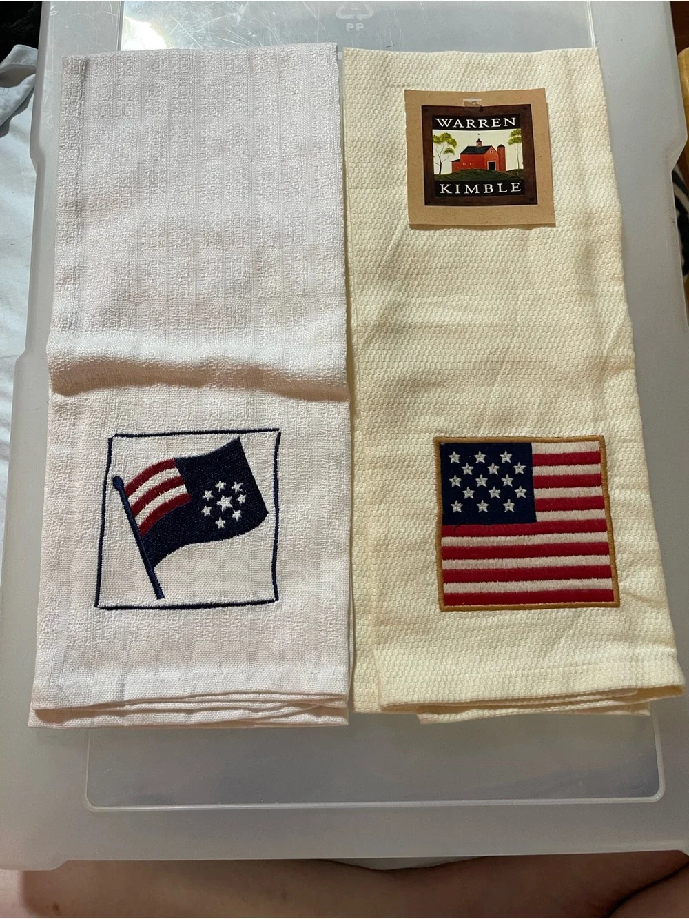Warren Kimble Ritz patriotic dish towels 2 cotton white cream red blue USA flag